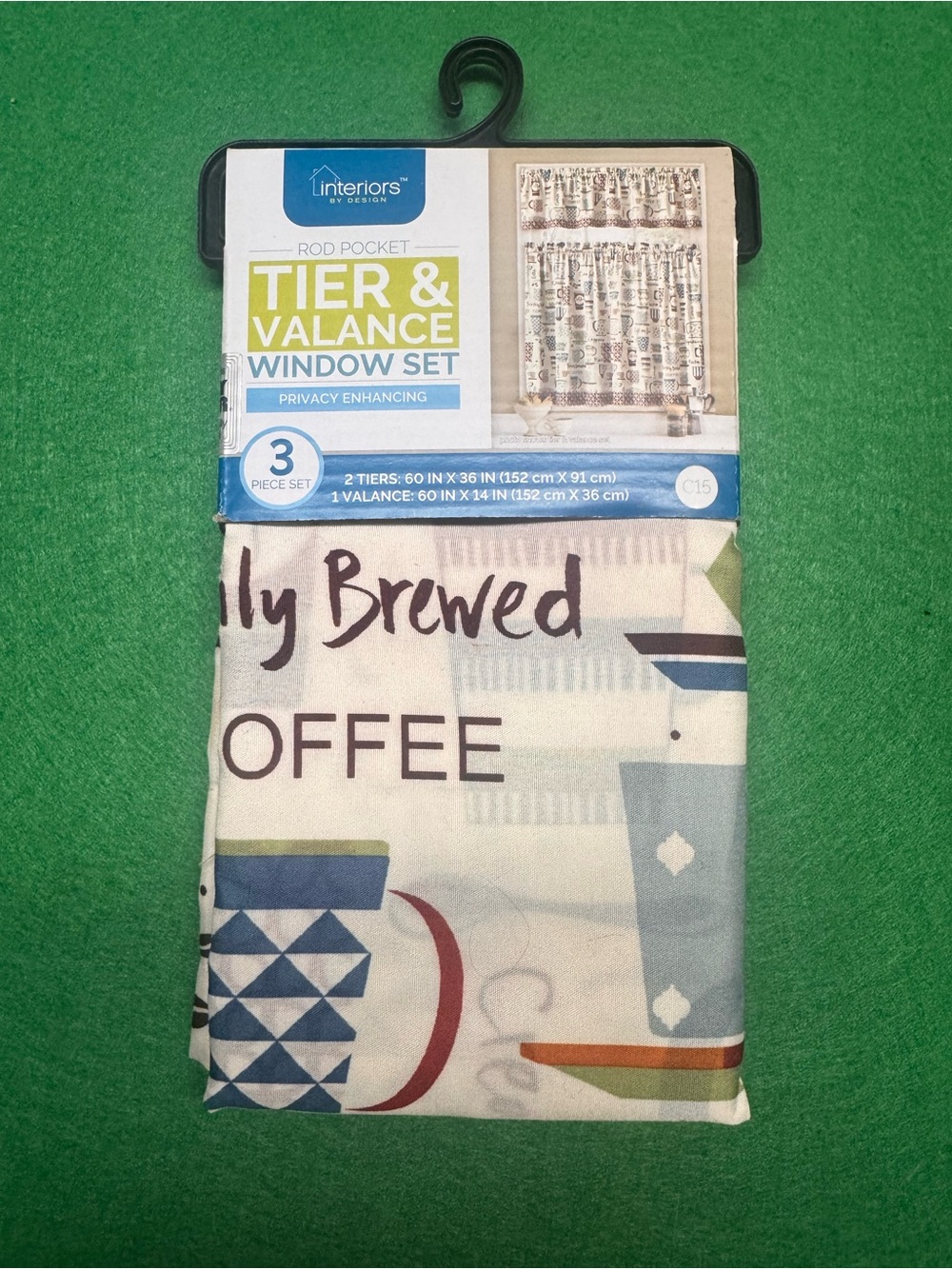Coffee Themed Tier & Valance Window Set - Cream & Blue